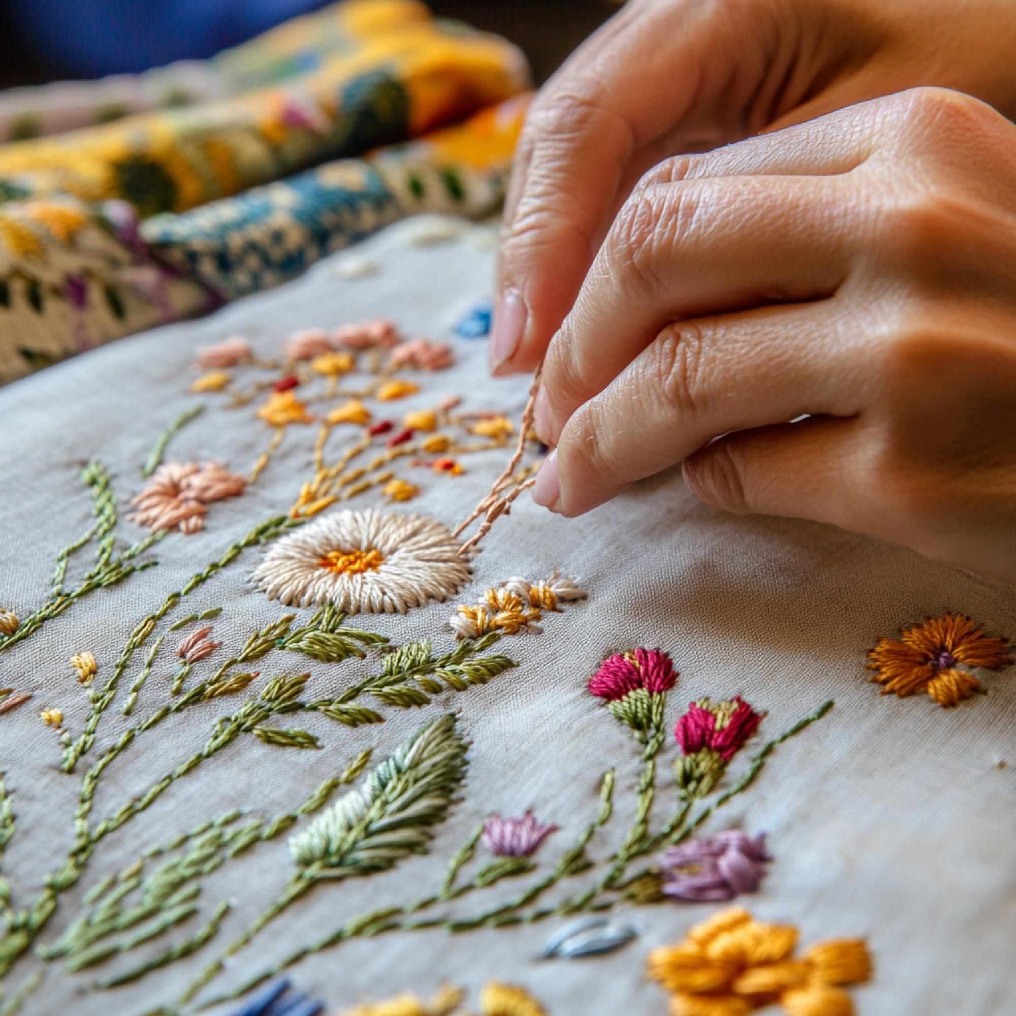 Close-up of hands embroidering a floral motif on linen